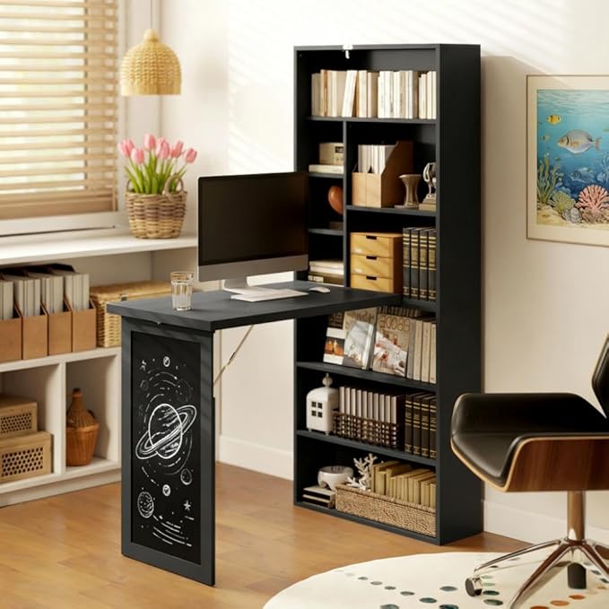 Folding Wall Mounted Desk with Storage, Expandable Hidden Computer Desk, Foldable Space-Saving Pull Out Murphy Table, Writing Table with Blackboard for Home Office Bedroom Small Spaces (Black)
