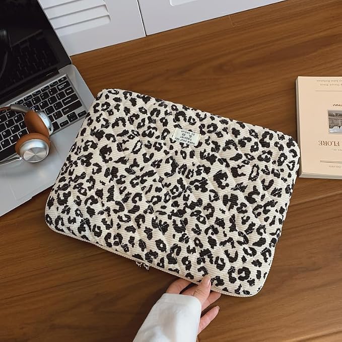 Leopard Puffy Laptop Sleeve 11,13,15 Inch Cheetah Print Quilted Laptop Case Protective Padded Computer Sleeve for MacBook