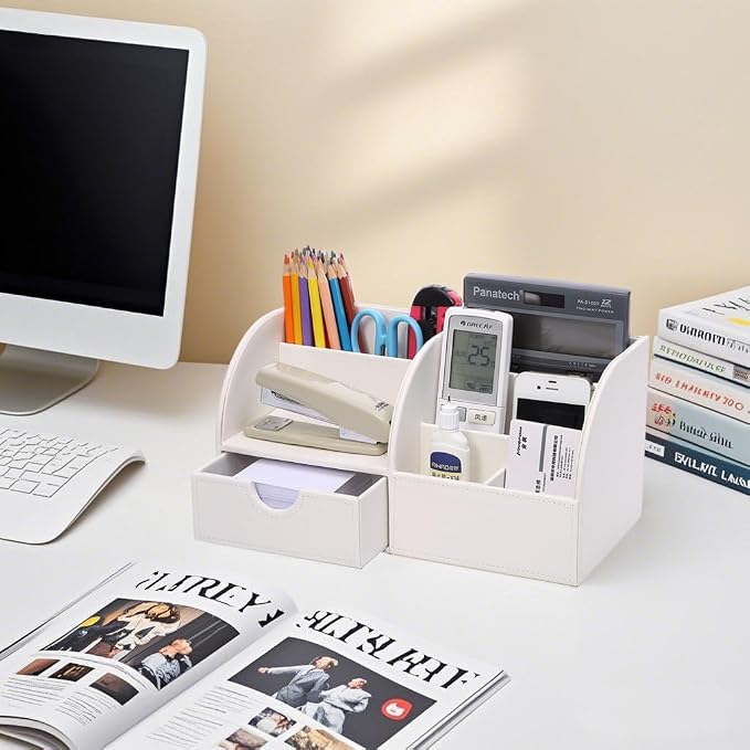 Pu Leather Desk Organizer Pen Pencil Holder Office Supplies Caddy Storage Box 6 Compartments with Drawer White (Full Pu Leather)
