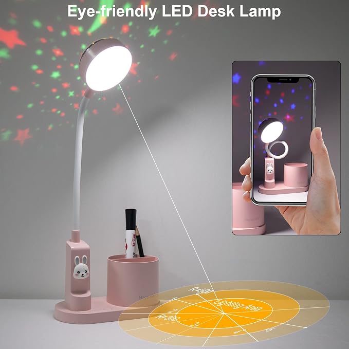 Pink Desk Lamp for Home Office, Touch Small Table Light for Kids | Eye-Care Dimmable Bedside Reading Light, Flexible Gooseneck, Star Projector Night Light with Pen Holder for College Dorm