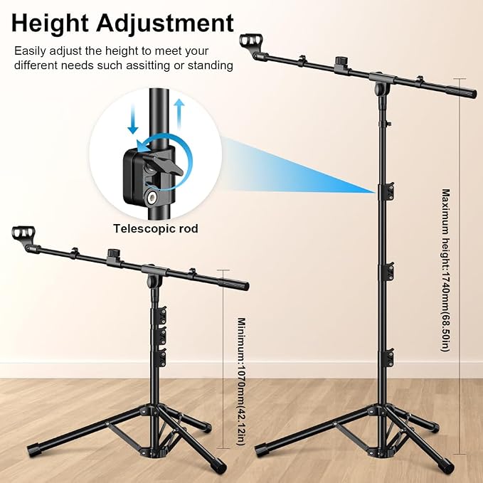 Microphone Stand, Tripod Boom Arm Floor Mic Stand Height Adjustable Heavy Duty for Singing Podcast for Blue Yeti Shure SM58 SM48 Samson Q2U
