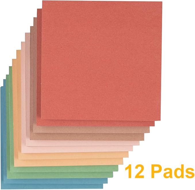 (12 Pads) Sticky Notes 3x3 inch, Self-Stick Pads Vintage Colors Sticky Note, Recyclable, Easy to Post for Home, Office, Notebook
