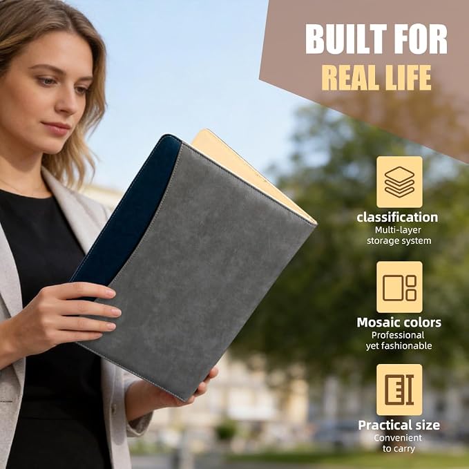PU Leather A4 Clipboard Portfolio, Resume Padfolio Business Case | Features 25 memo sheets & pen holder. Durable PU leather for job interviews, office meetings & travel. Professional & sleek.