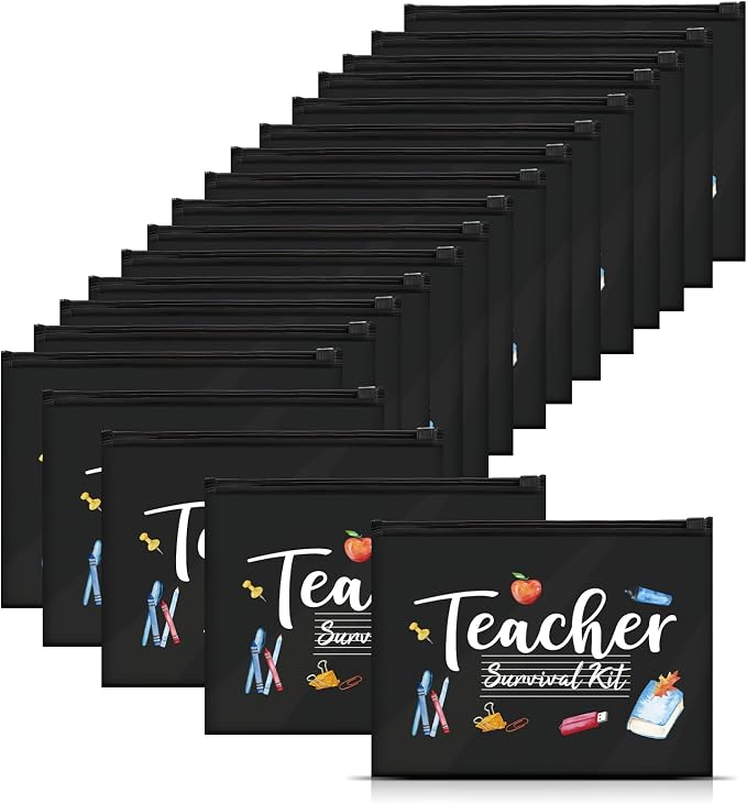 60 Pcs Teacher Appreciation Gifts Bulk Black Teacher Survival Small Waterproof Makeup Toiletry Bag Pouch Cosmetic Pencil Bag Thank You Gifts for Women Men Travel Back to School Season Supplies