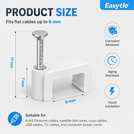Cable Clips Nail in Cable Clips 100 Pcs 8mm Flat Ethernet Cable Wall Clips Cable Tacks Coax Cable Clip Speaker Wire Clips Cable Nails for Cords Cat5/Cat5e/Cat6/Cat7 RJ45 Cord Clips