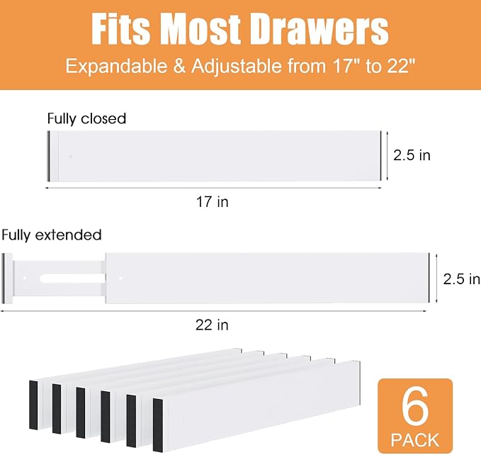 Bamboo Drawer Dividers, Adjustable Drawer Organizers, Fits 17.6–21" Drawers | 2.5" High, 6 Pack Expandable Drawer Separators for Kitchen, Nursery, Dressers & Office Storage, White