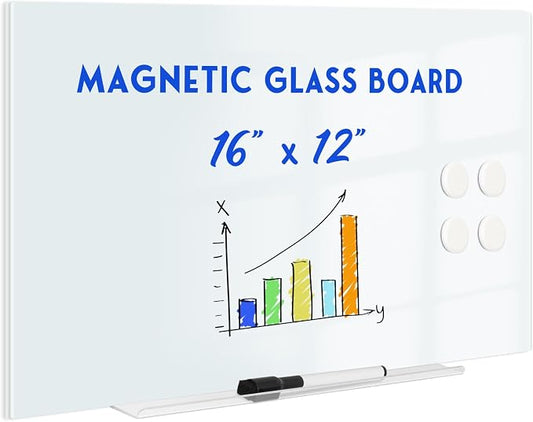 Magnetic Glass Whiteboard, 16" x 12", Frameless Wall Mount, Normal White | Glass Dry Erase Board for Wall, Includes 1 Marker Tray and 4 Magnets, White Board for Office, Home, Classroom