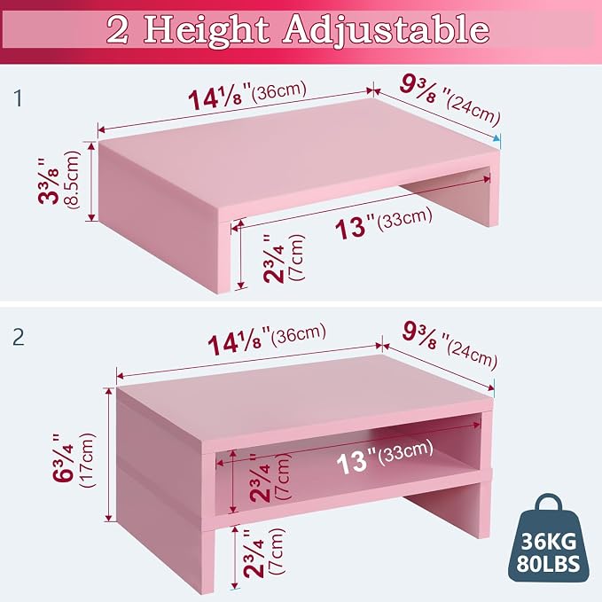 TEAMIX Pink Monitor Stand Riser - 2 PackS, Wood | Dual Stand for 2 monitors. Holds 80 lbs, Stack or Separate Adjustable Use, Fits laptop, TV, PC. For Home Office, Gaming