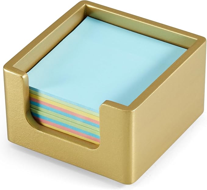 Wood Sticky Note Holder, 3 x 3 Inch Post It Note Dispenser for Office Desk Accessories, Self Stick Note Pad Holder, Memo Pad Holder Dispenser Organizer for School Office Desk Supplies, Gold