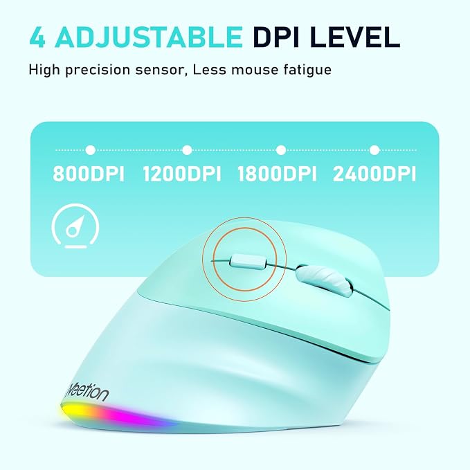 MEETION Ergonomic Mouse, Wireless Vertical Mouse RGB Backlit Rechargeable Mice for Bluetooth(5.2 + 3.0) & USB, 4 Adjustable DPI for Mac/Windows/Andriod/PC/Tablet/iPad GN
