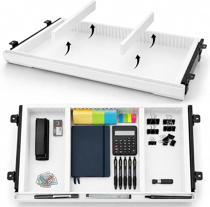 Under Desk Drawer, Adjustable Dividers, Impact-Resistant, 22" – White | Silent steel rails, 100% extension. Protective mat included, easy 4-screw install. Fits most desks, 22"×13"×2".