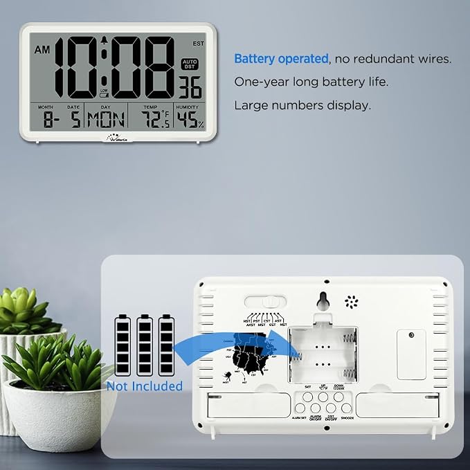 WallarGe Auto Set Digital Wall Clock Battery Operated, Auto DST | Desk Clock with Temperature, Humidity and Date, Large Display Digital Calendar Alarm Clock for Bedroom, Office, Classroom