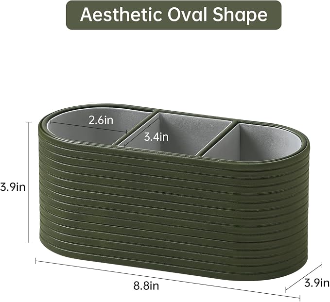 Remote Control Holder, Oval Pen Holder for Desk, Olive Green | 3-Compartment Desk Caddy for Remotes, Glasses, Pens, PU Leather Small Desk Organizer for Nightstand, Coffee Table, Office