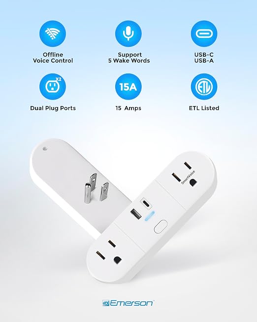 Emerson SmartVoice 4-in-1 Wall Plug, Voice Control Smart Outlet w/ 2 AC (1 Voice + 1 Always-On), USB-A & USB-C Ports, No WiFi, No App, Sleep & Wake Timer, ETL Listed