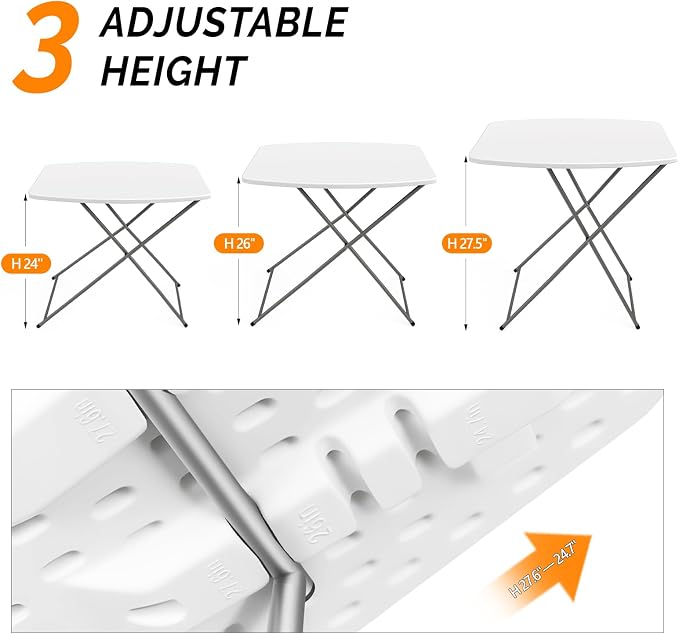 VINGLI Small Folding Table Portable, 18" Adjustable Height Personal Laptop TV Tray, Camping Table, HDPE Plastic Top with Steel Frame,White