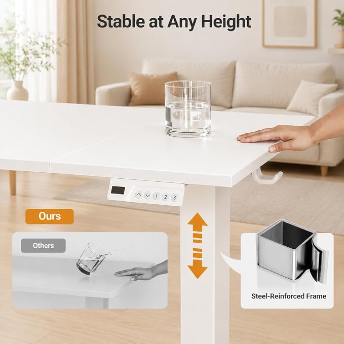 Claiks Electric Standing Desk 48x24 Inch Adjustable Desk, White | 156lbs weight capacity, 3 memory presets, industrial steel frame, cable management hub, adjustable height , easy assembly