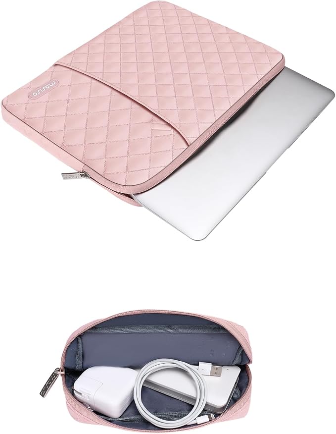 MOSISO Laptop Case 16 inch, 15-15.6 inch Laptop Sleeve Compatible with MacBook Pro 16, HP Dell Acer ASUS Lenovo Notebook, Square Quilted Vertical Computer Bag with Pocket&Small Case, Chalk Pink