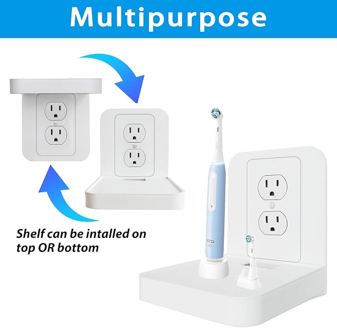 Outlet Shelf Wall Holder with Cord Storage, Wall Outlet Shelf Organizer for Bathroom, Kitchen & Bedroom, Plug Shelf for Standard Outlet, Compatible with HomePod Mini, Google Home, Toothbrush & Phone