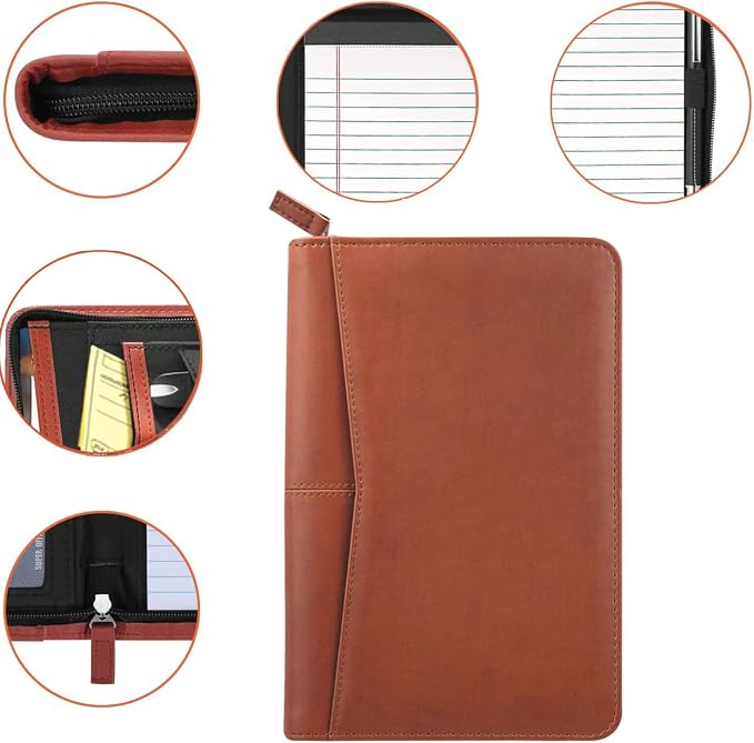 Small Portfolio Organizer, A5 Zippered Business Portfolio, Junior Padfolio Folder Binder for Women & Men,5 x 8 Writing Pad Included, Brown