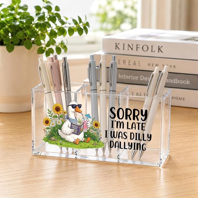 Sorry I’m Late I Was Dilly Dallying Goose Acrylic Pencil Makeup Brush Holder 3 Compartments, Goose Lovers Clear Desktop Storage Holder for Office School Home, Work Desk Accessories Gifts