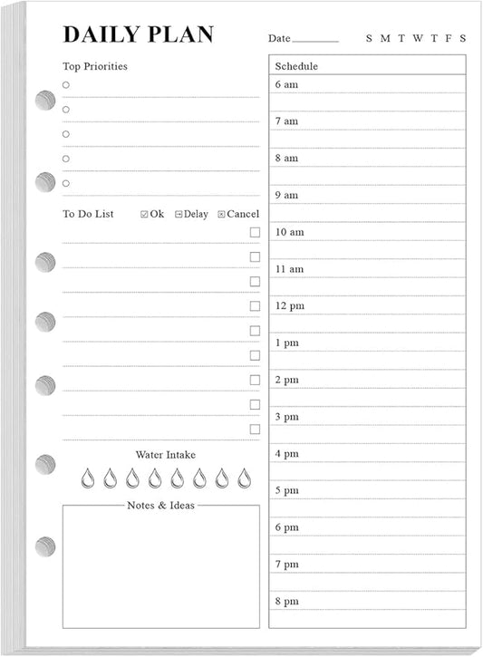 7-Hole Punched To Do List Insert - Undated Daily Planner Refill for 3/7 Hole Mini Binder,100 Sheets/200 Pages Planner and Lined Refill, 100 gsm White Paper, 5.8'' x 8.3''