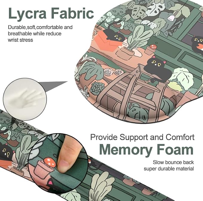 Ergonomic Mouse Pad with Wrist Rest and Keyboard Wrist Rest, Mousepad and Wrist Rest for Computer Keyboard, Pain Relief, Non-Slip Rubber Base, Mouse Pad with Wrist Support for Gaming, Office, Cat