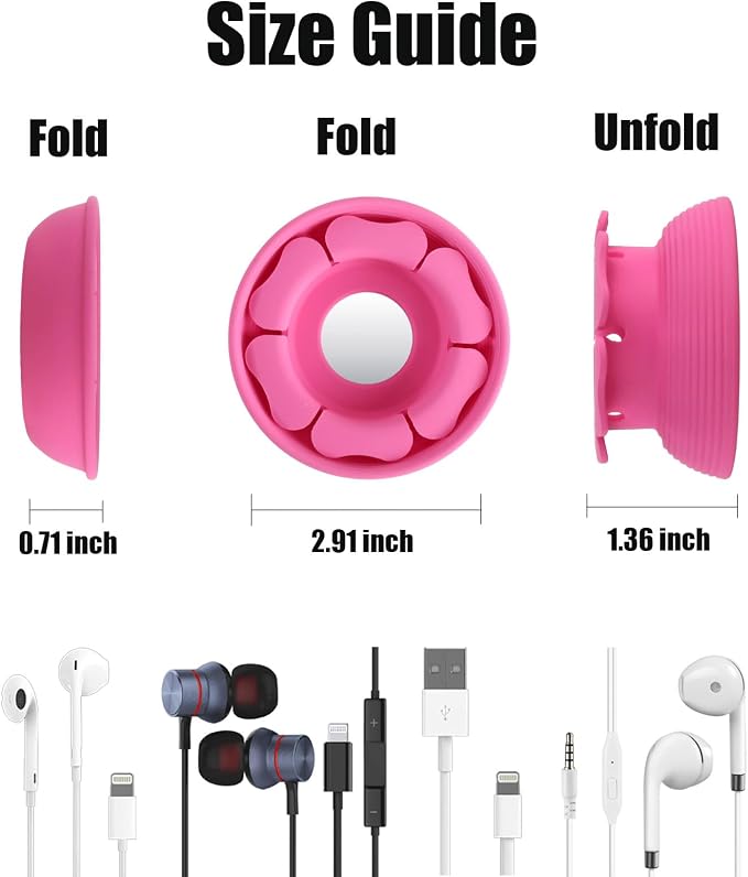 MAIRUI Wired Earbud Case Earphone Headphone Cord Organizer Earbuds Wrap Soft Silicone Magnetic Holder Storage Tangle Free Cable Winder(Rose Pink)