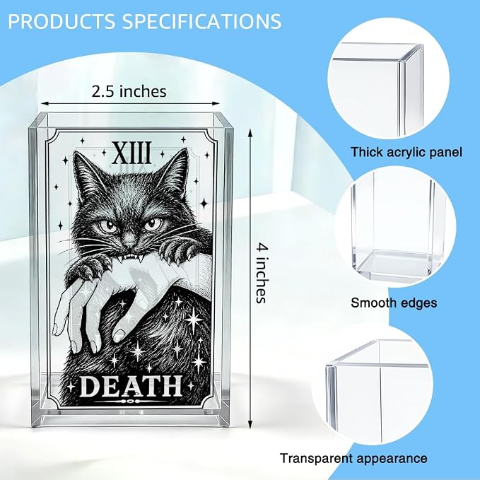 Death Tarot Card Acrylic Pen Holder, Gothic Black Cat Desk Pencil Cup Organizer, Halloween Office Decor Accessory, Halloween Witchy Gifts for Women Student Tracher Tarot Reader Cat Lover