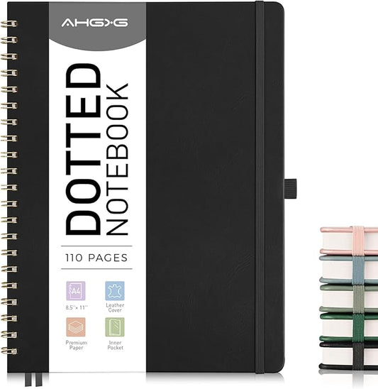 AHGXG Dotted Journal Spiral Notebook 8.5" x 11", Large A4 Leather Hardcover Dotted Notebook, 100 GSM Thick Dot Grid Paper, Inner Pocket, for Dotted Journaling, Black