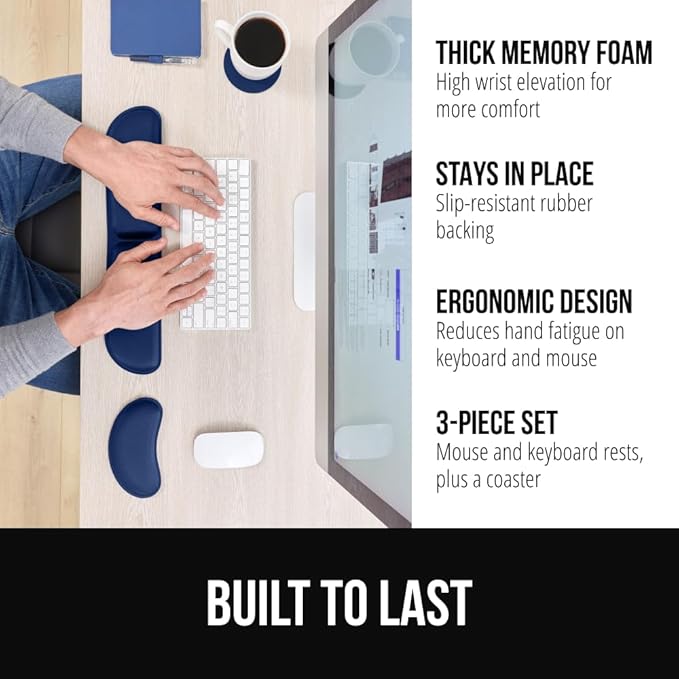 GORILLA GRIP Silky Memory Foam Keyboard Wrist Rest for Computer and Mouse, Ergonomic Typing Support Pad, Desk Office Supplies, Gaming Accessories, Hand & Arm Mousepad Cushion and Coaster Set Navy Blue