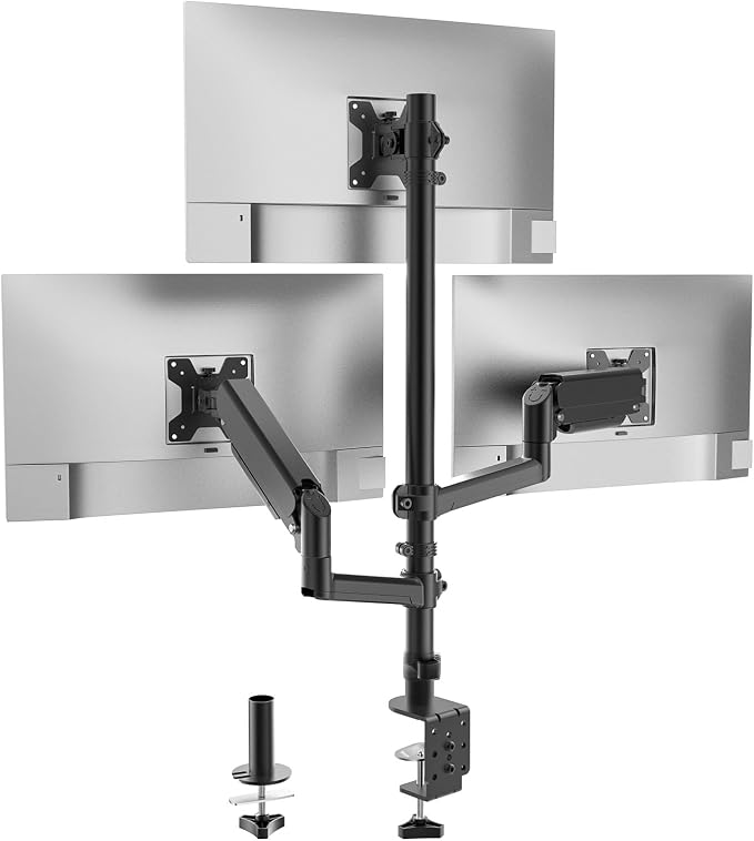 WALI Stacked Triple Monitor Mount for 13-27 inch Screens, 19.8 lbs per Arm | Tall 3 Monitor Desk Mount, Full Motion with Tilt, Swivel, Rotation, C-Clamp & Grommet Base, VESA 75/100mm (GSDM003S), Black