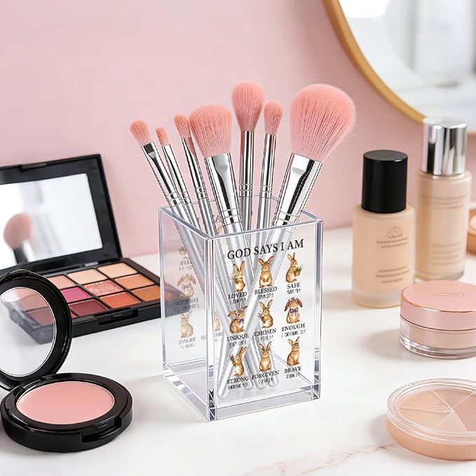 God Says I Am Loved Acrylic Pencil Pen Holder Cup, Rabbit Printing Makeup Brush Storage Organizer, Women Bible Verse Affirmations Desk Accessories Holder, Graduation Gifts for Daughter Niece