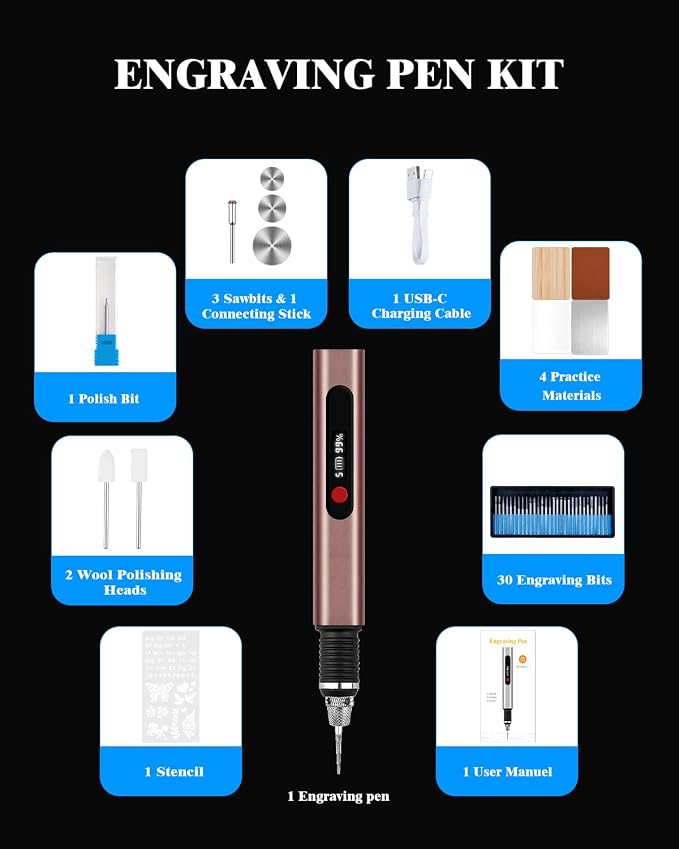 Cordless Engraving Pen for Metal Wood Glass Plastic, Engraving Tool 44Kits, 5 Speeds Up to 30000RPM, 500mAh USB Rechargeable Engraver Kit Craft Gifts for Teens Adults Beginner with Guide Book (Rose)