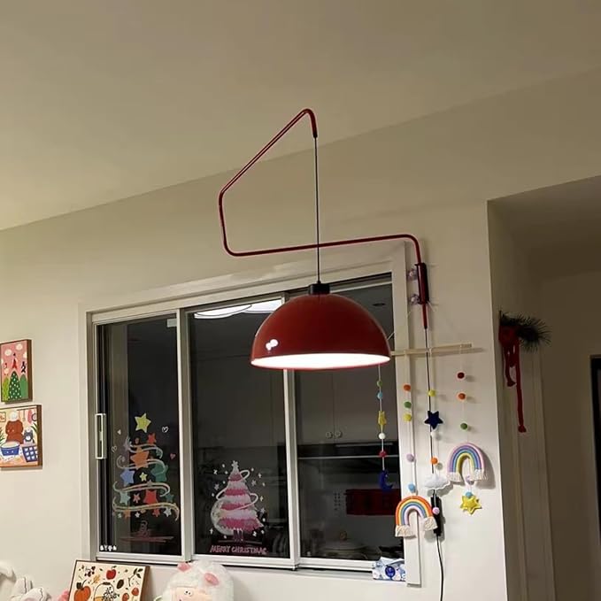 Modern Swing Arm Wall Sconce Plug in Red Wall Lamp Dome Shade Wall Mounted Long Arm Light Mid Century Bedside Reading Wall Light for Bedroom Living Room