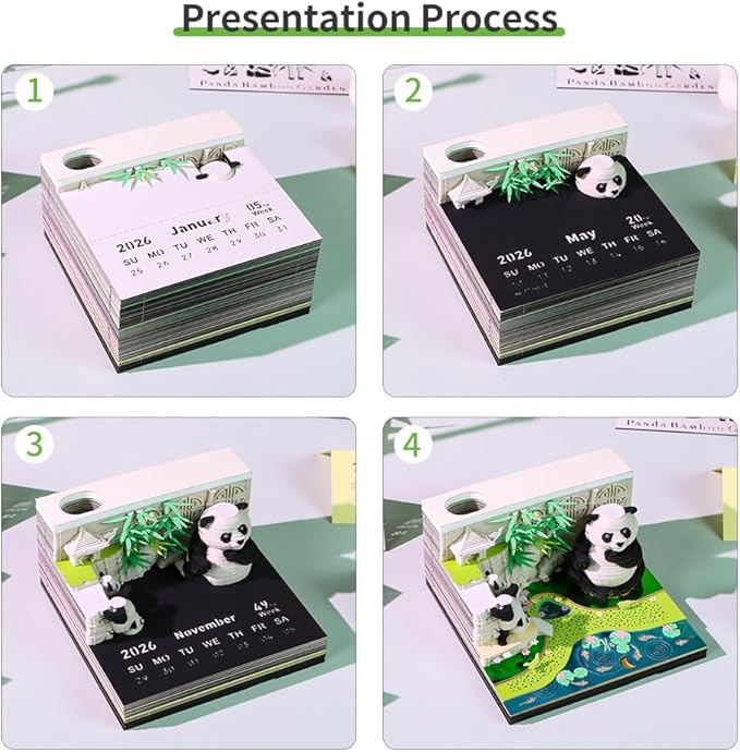 3D Art Calendar Memo Pad 2026, Tear Away 3D Paper Carving Time Piece Calendar Notepad Creative DIY Note,Bamboo Garden Panda