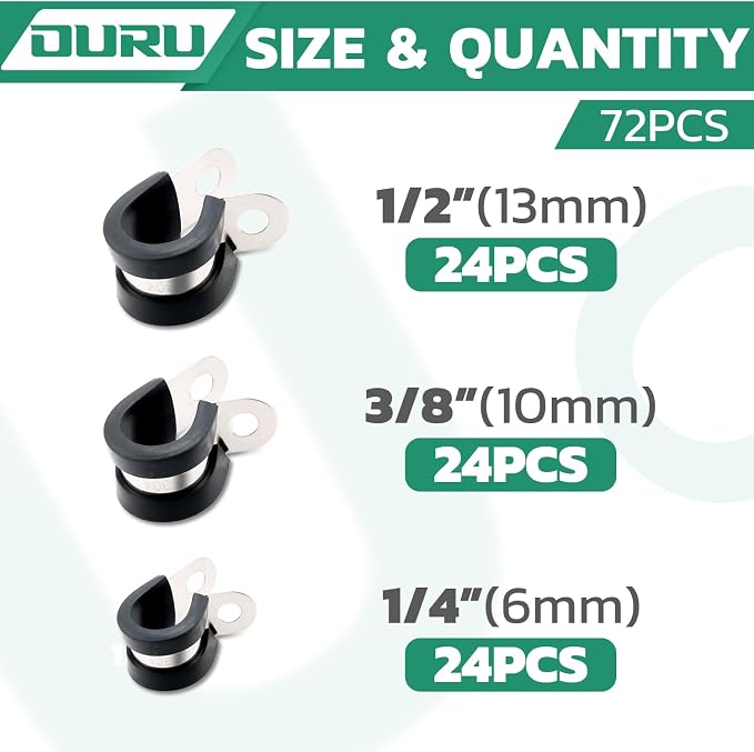 OURU 72PCS Cable Clamps Assortment Kit,Rubber Coated, 1/4"-1/2" 3 Sizes | 304 Stainless Steel, Anti-Vibration, Rust Resistant, Secure Hold, Automotive Wire, Pipe & Tube Mounting, Cable Management