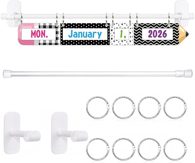 Flip Calendar Rod Adjustable Calendar Holder Set with 8 Binder Rings 15.5-28 inches Extendable Calendars Date Cards Holder for Classroom Whiteboard Flip Calendars Chart Rod Display Teacher Supplies