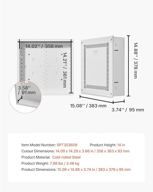 VEVOR Structured Media Enclosure, 14-Inch, Recessed in-Wall Media Box with Cover, Wall-Mount Cable Management Box Kit, Structured Wiring Multi-Media Cabinet, Cold-Rolled Steel, for TV Home Theater