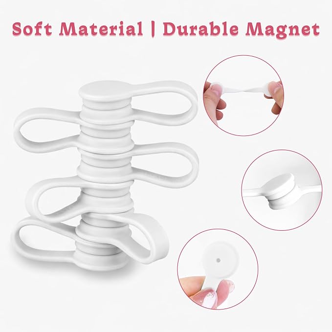 Viaky Magnetic Cable Ties 6-Pack,Silicone Cord Ties Cable Straps,White | Magnetic Twist Ties,Cord Clips for Charging Cords,USB Cable,Keychain,Magnetic Cable Clips for Home,Office,Kitchen,Travel