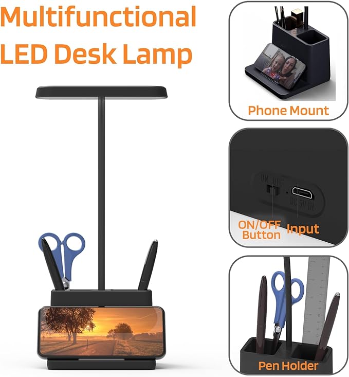 AXX Black LED Desk Lamp for Home Office Bedroom, Battery Operated Table Light for Computer Desktop, Small, Cute, Dimmable, Rechargeable, Flexible Gooseneck, Pen Holder, Phone Mount, Touch Control