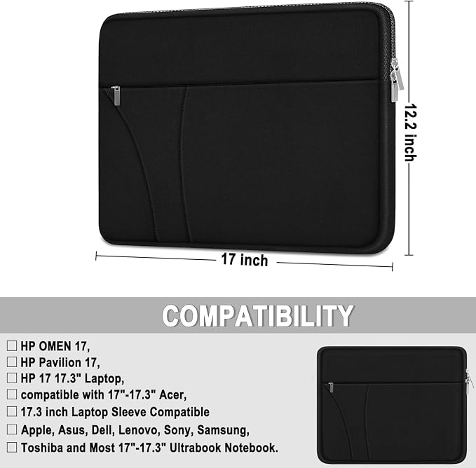 Laptop Sleeve 17 inch, Shockproof Protective Carrying Briefcase Computer Case with Zippered Pocket, Traveling Laptop Cover Compatible for HP, Dell, Asus, Lenovo, Notebook, Black