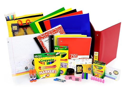 School Supply Boxes | Elementary School Bundle (1 Box) | Back to School Essentials Kit for Students & Teachers | Includes Wide-Ruled Paper Products, Crayons, Markers, Colored Pencils, & More