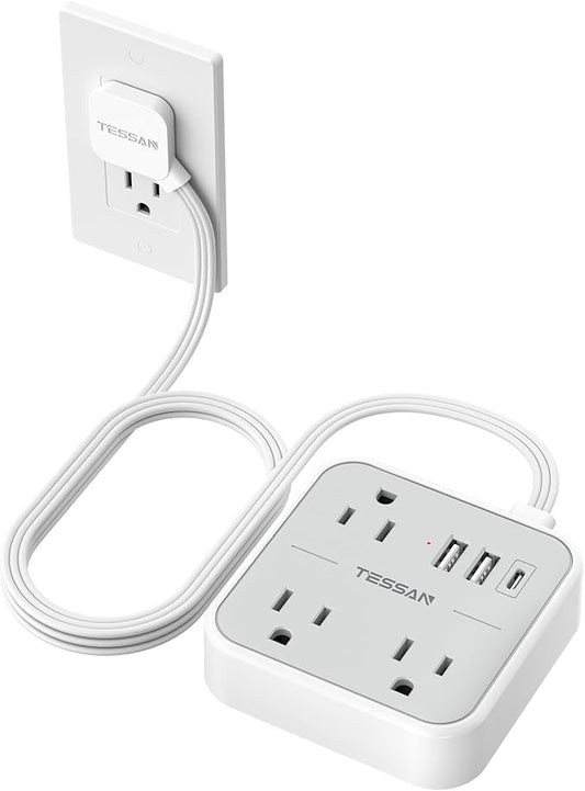 TESSAN Ultra Thin Flat Extension Cord 5 FT, Slim Power Strip with USB Ports (1 USB C), Surge Protector Flat Plug Wall Charger with 3 Outlets for Office, School, Dorm Room Essentials