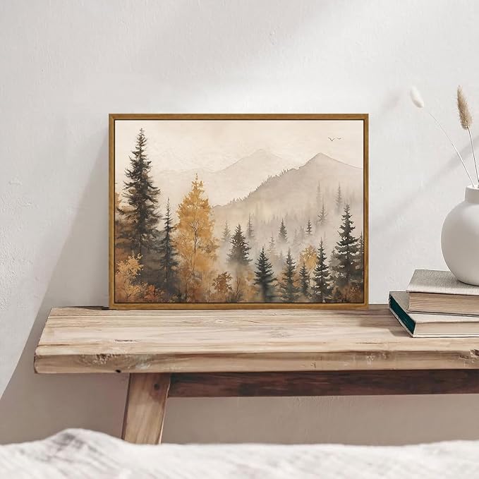 OIQArtOIQ Vintage Framed Wall Art Autumn Mountain Landscape Canvas Art Prints Fall Forest Rustic Farmhouse Pictures Wall Decor Modern Cottagecore Paintings Artwork For Bedroom Bathroom Living Room