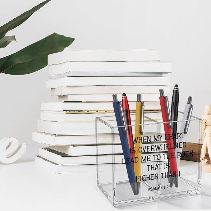 Inspirational Christian Acrylic Cosmetic Pencil Pen Holder Cup Religious Gifts for Women Men Psalm 61:2 Bible Verses Christian Decor for Home Office Desk Vanity Organizers and Accessories