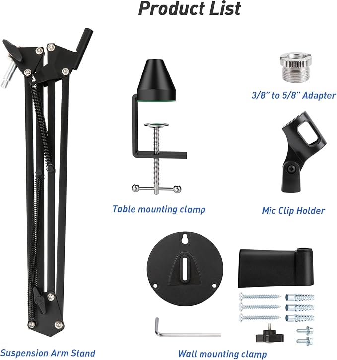 SUNMON Microphone Wall Mount and Metal Table Mounting Clamp, Universal Microphone Boom Arm Stand Compatible with HyperX QuadCast, Blue Yeti, Blue Snowball, Shure SM58 Microphone