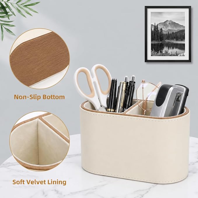 PU Leather Pen Holder, Desk Organizer Caddy with 2 Compartments | Multifunctional Remote Control Holder, Eyeglass Holder, Stationery Case for Office Supplier, Home