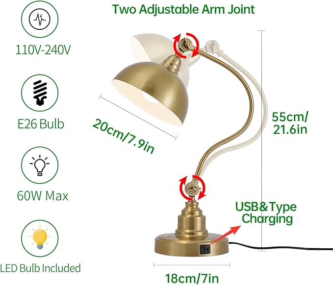 Vintage Brass Gold Color Desk Lamp Decorative Table Lamp for Home Office Living Room Bedroom Desk Light, Rustic Industrial Farmhouse Antique Library Study Desk Lamp E26 LED Bulb Included