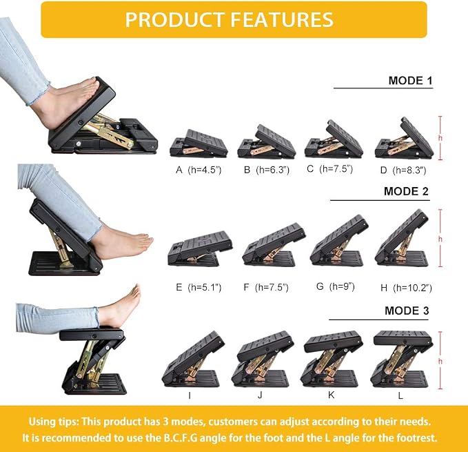 Adjustable Foot Rest for Under Desk at Work, Comfortable Footrest with 4-Level Height Adjustment, Ergonomic Leg Rest for Office Gaming Chair, Black Foot Stool with Removable Soft Pad