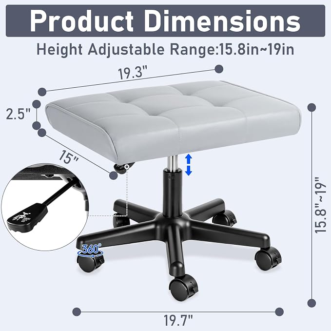 Footrest Under Desk Leg Rest Ottoman Adjustable Height Foot Stool with Wheels Leather Footrest Grey